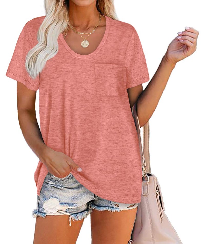 WIHOLL Spring Tops for Women 2025 Short Sleeve Casual Clothes Basic Tees with Pocket Coral M - Image 1
