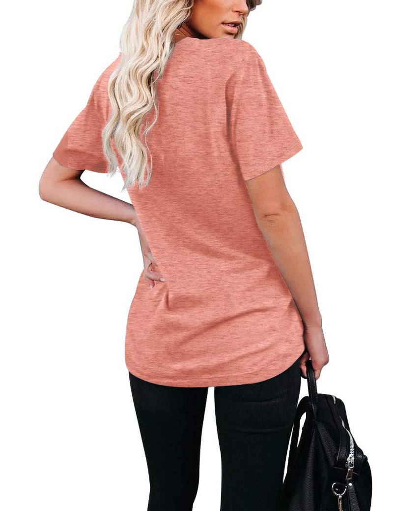 WIHOLL Spring Tops for Women 2025 Short Sleeve Casual Clothes Basic Tees with Pocket Coral M - Image 3