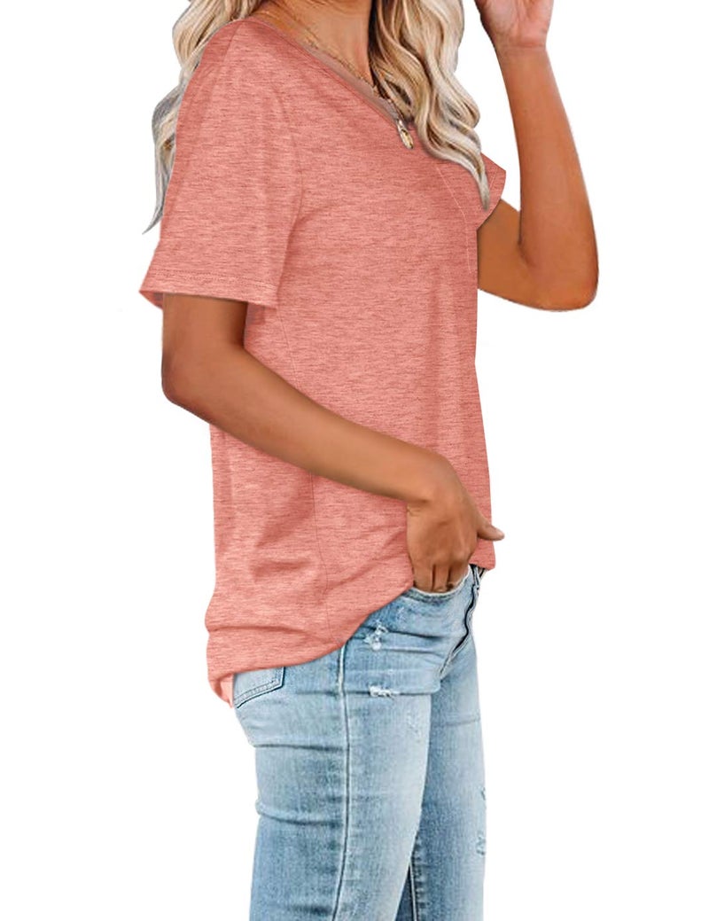 WIHOLL Spring Tops for Women 2025 Short Sleeve Casual Clothes Basic Tees with Pocket Coral M - Image 2