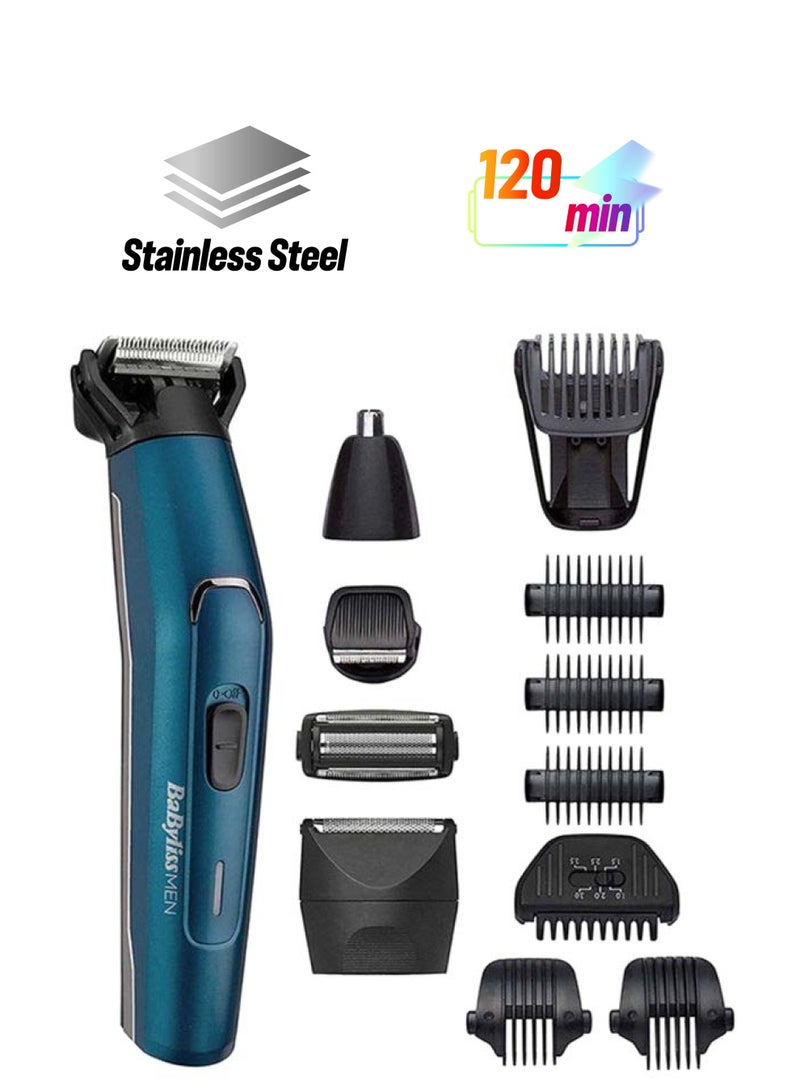 BaByliss Men Japanese Steel 12-In-1 Multi Trimmer, 100% Waterproof And Fast Charge Grooming Kit, All-In-One Effortless Hair Trimmer For Nose/Ear/Body, Heavy Duty 120 Mins Runtime - MT890SDE, Blue Blue/Black - Image 1