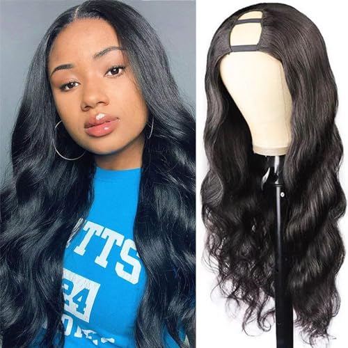Amella Hair 150% Density U Part Wig Human Hair Brazilian Remy Long Body Wave Human Hair Wigs for Black Women Glueless Natural Black None Lace Front Wig with Middle Part(24inch,Body Wave) - Image 1