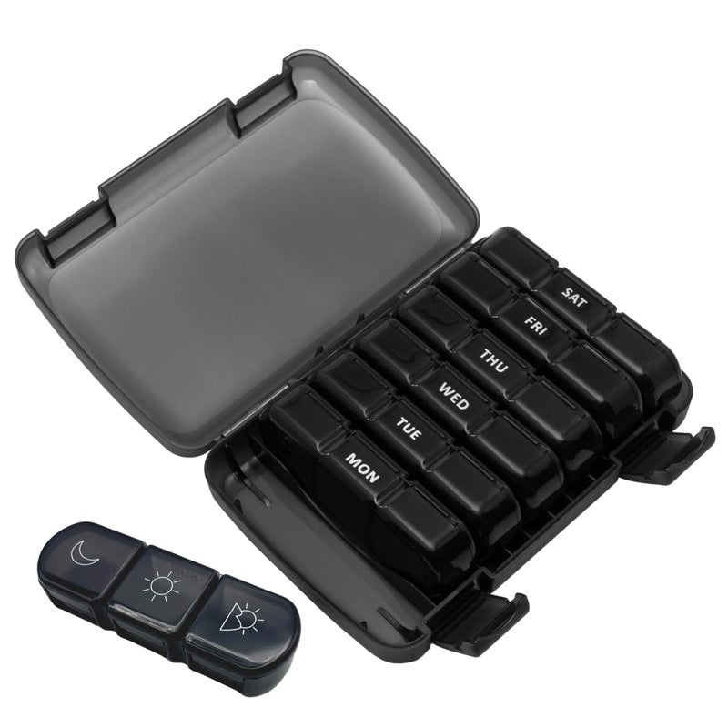 Ezy Dose Weekly (7-Day) Daily Medtime Pill Organizer Case, Vitamin Planner and Medicine Container, Removable Large Pop-Out Individual Compartments, 3 Times a Day, Travel Friendly Black, BPA Free - Image 1