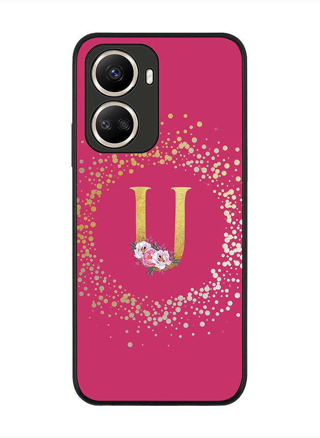 Stylizedd - Rugged Black edge case for Huawei nova 10 SE, Slim fit Rubber Edges  -  Custom Monogram Initial Letter Floral Pattern Alphabet - U  (Dark Pink Rose ) - Image 1