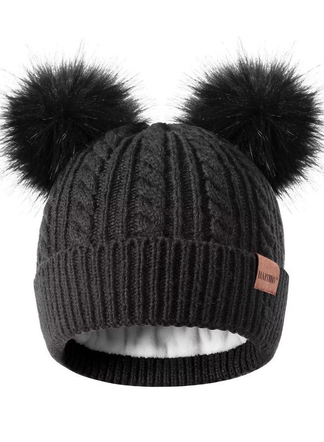 HAITHO Winter Hat for Kids Toddler Children, Girls Beanie with Double Pom Pom Warm Thick Thermal Fleece Lined, Girls Accessories Cute Knit Beanies Cap for Cold Weather Black, Black, One Size - Image 1