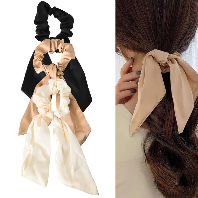 Xiyantiji Silky Satin Hair Scarf Scrunchies with Ribbon Tails  Elastic Ponytail Holders for Women and Girls in Black White Beige for Thick and Thin Hair 3PCS