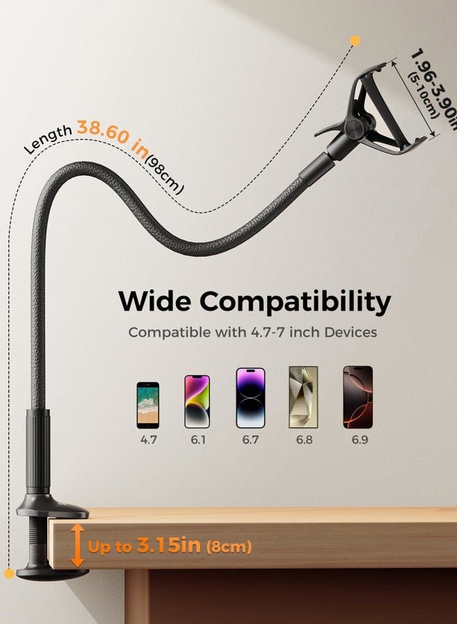 SAIJI Gooseneck Phone Holder for Bed Overall Length 38.6” Flexible Leather Wrapped Arm Overhead Cell Phone Mount Stand with 360° Adjustable Clamp Clip, Compatible with All 4-7” Cellphones (Black) - Image 5