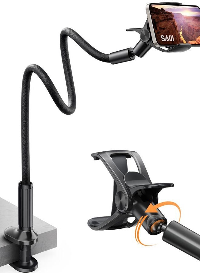 SAIJI Gooseneck Phone Holder for Bed Overall Length 38.6” Flexible Leather Wrapped Arm Overhead Cell Phone Mount Stand with 360° Adjustable Clamp Clip, Compatible with All 4-7” Cellphones (Black) - Image 1