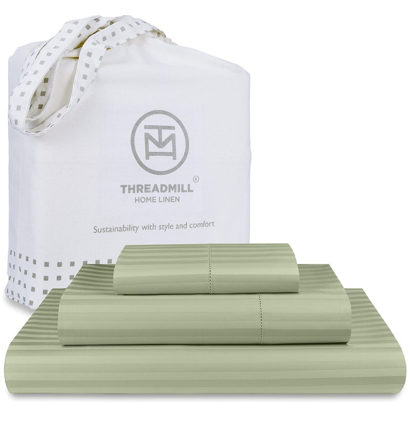 Threadmill 100 Cotton Sheets for Twin Size Bed  600 Thread Count Twin Bed Sheets Set with 15 Deep Pocket  Damask Stripe Sateen Weave 3Piece Bedding Set with Cooling Effect Sage Green