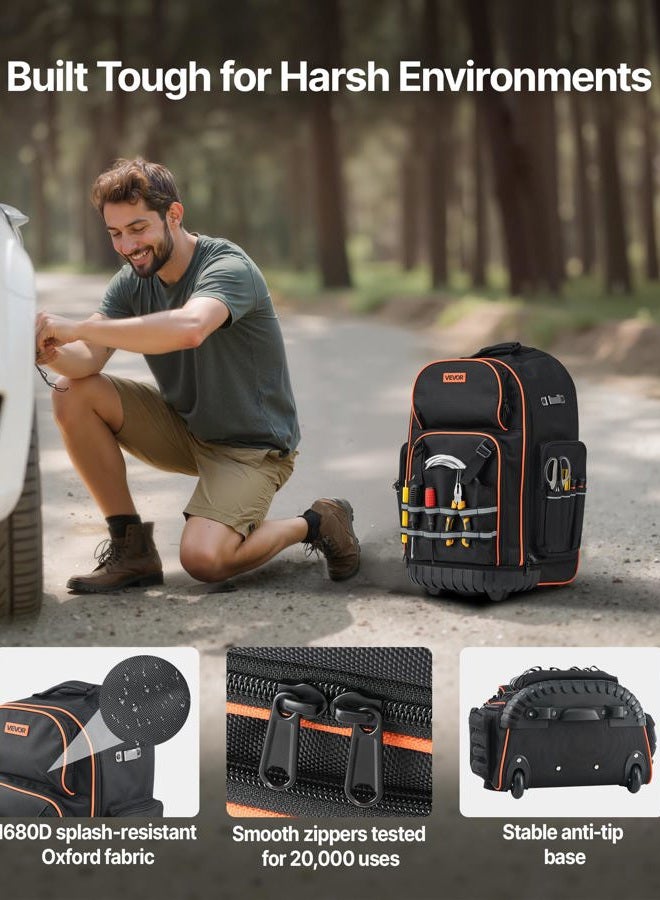 VEVOR حقيبة أدوات متحركة، سعة تحميل 110 رطل، حقيبة أدوات ثقيلة على عجلات بـ 72 جيب، مقبض تلسكوبي قابل للتعديل وقاعدة مستقرة، منظمات حقيبة أدوات للبناء، ميكانيكي - Image 3