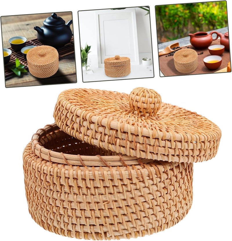 VOSAREA Lidded Rattan Storage Box Round Woven Desktop Organizer for Sundries Lightweight and for Office and Home Decor present for Friends and Family - Image 3
