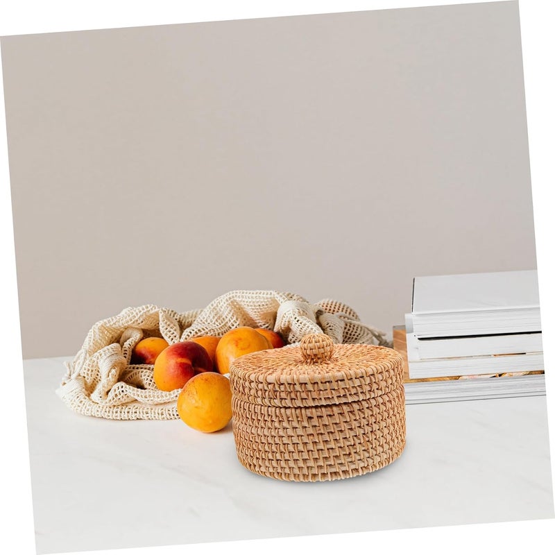 VOSAREA Lidded Rattan Storage Box Round Woven Desktop Organizer for Sundries Lightweight and for Office and Home Decor present for Friends and Family - Image 5