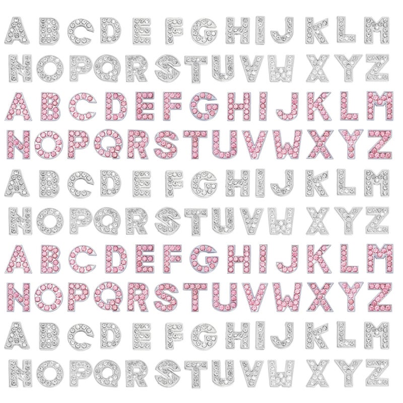 130pcs AZ 8mm Full Rhinestones Slide Alphabet Letters for DIY Wristbands Bracelets Jewelry Making Crafts Charms Silver and Pink