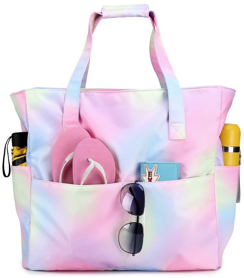 Beach Pool Bags Tote for Women Ladies Large Gym Tote Carry On Bag With Wet Compartment for Weekender Travel Waterproof Rainbow pink