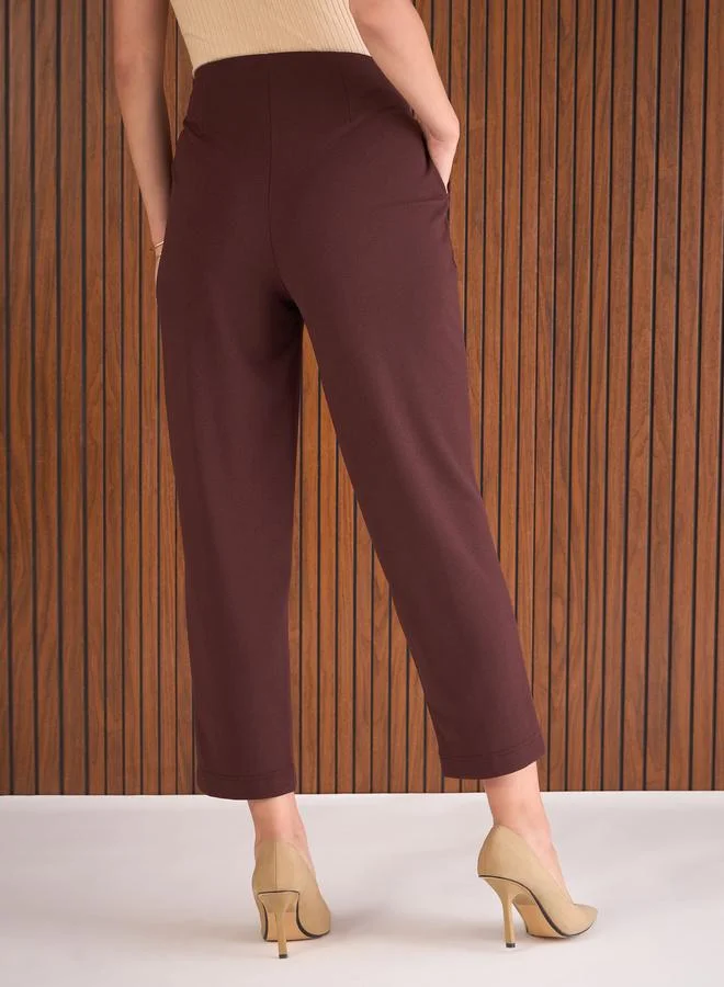 SASSAFRAS Women Burgundy Front Darted High Rise Pants