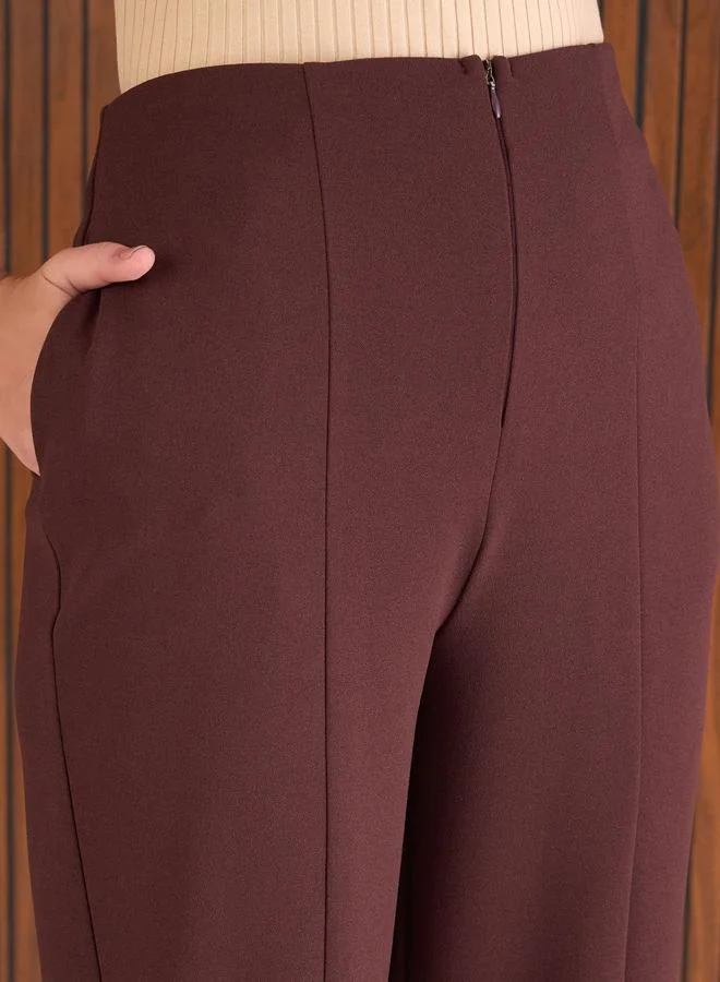 SASSAFRAS Women Burgundy Front Darted High Rise Pants