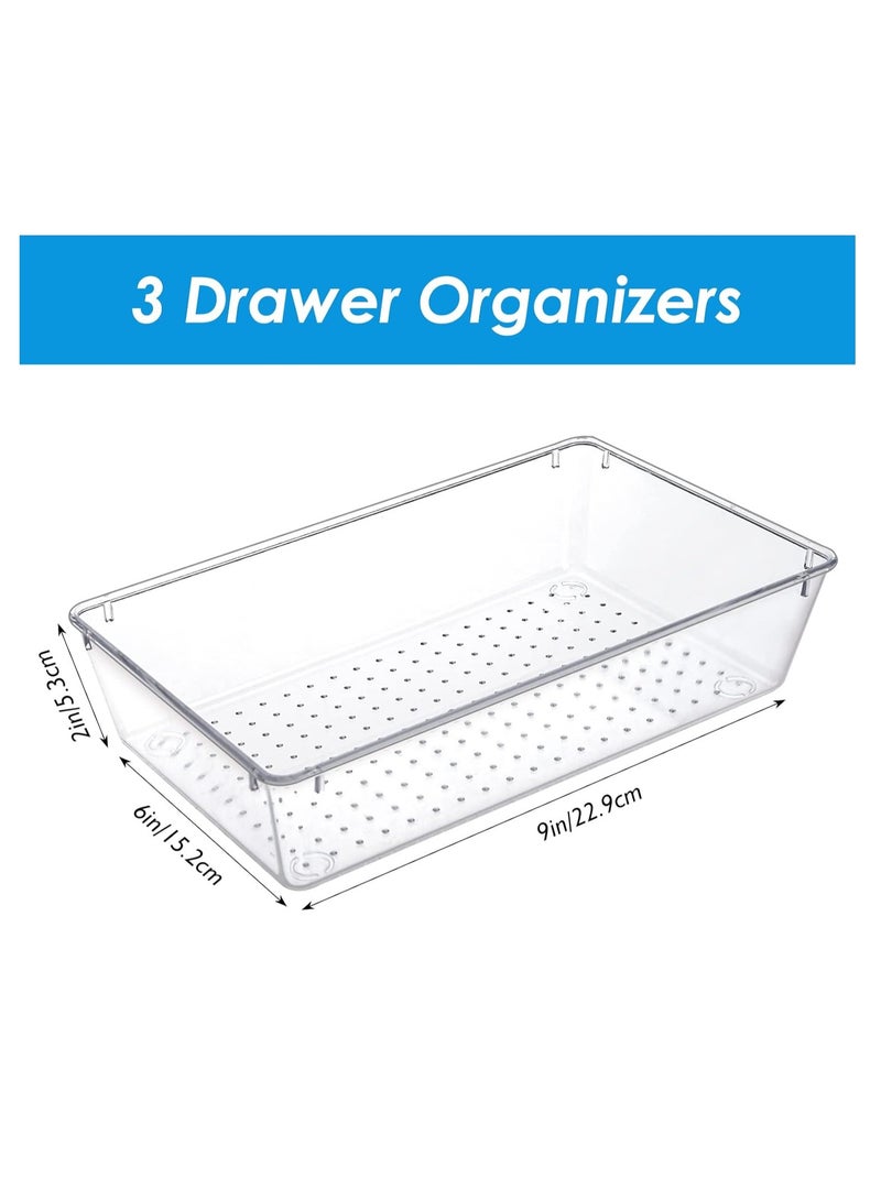 KASTWAVE 3 Pack Drawer Organizer, Drawer Dividers, Clear Plastic Drawer Organizer Set, 6" X 9" Plastic Clear Storage Bins, Acrylic Organizers with Clear Desk Storage Tray for Makeup, Jewelries, Kitchen Utensil - Image 5