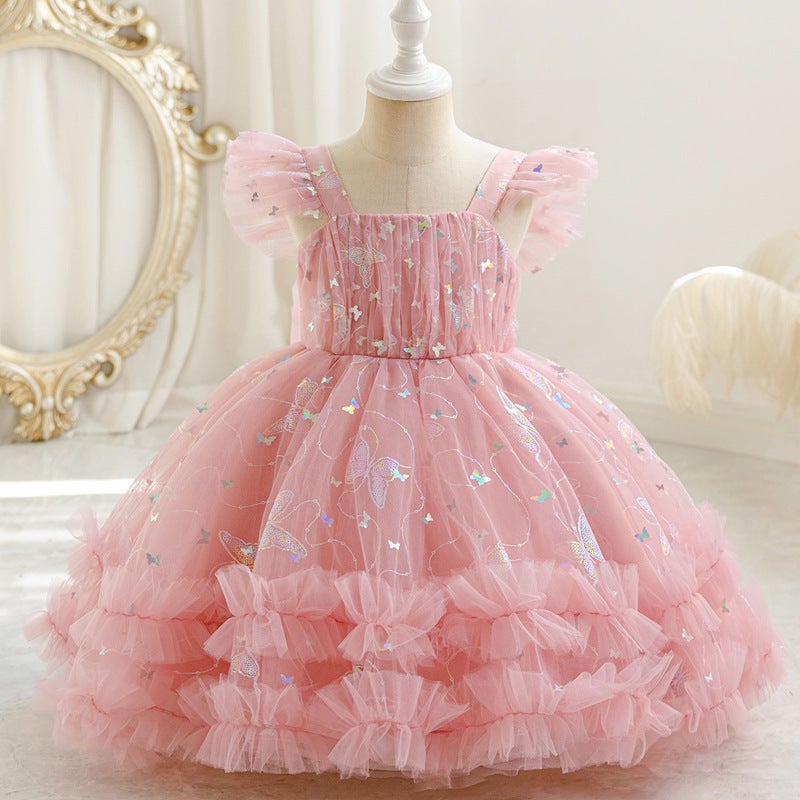 2024 Cross-border New Girls One-year-old Dress Stylist Sling Puffy Mesh Princess Dress Childrens Performance dress Lotus color 