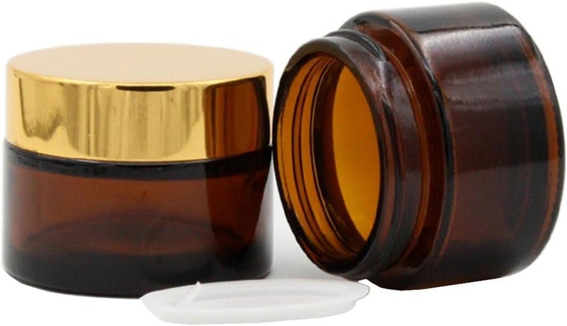 ASTRQLE 2Pcs Brown Empty Glass Refillable Face Cream Lotion Makeup Bottles Jar Pot With Gold Lid Cosmetic Eye Lip Balm Nail Art Storage Container (5ML / 5G)