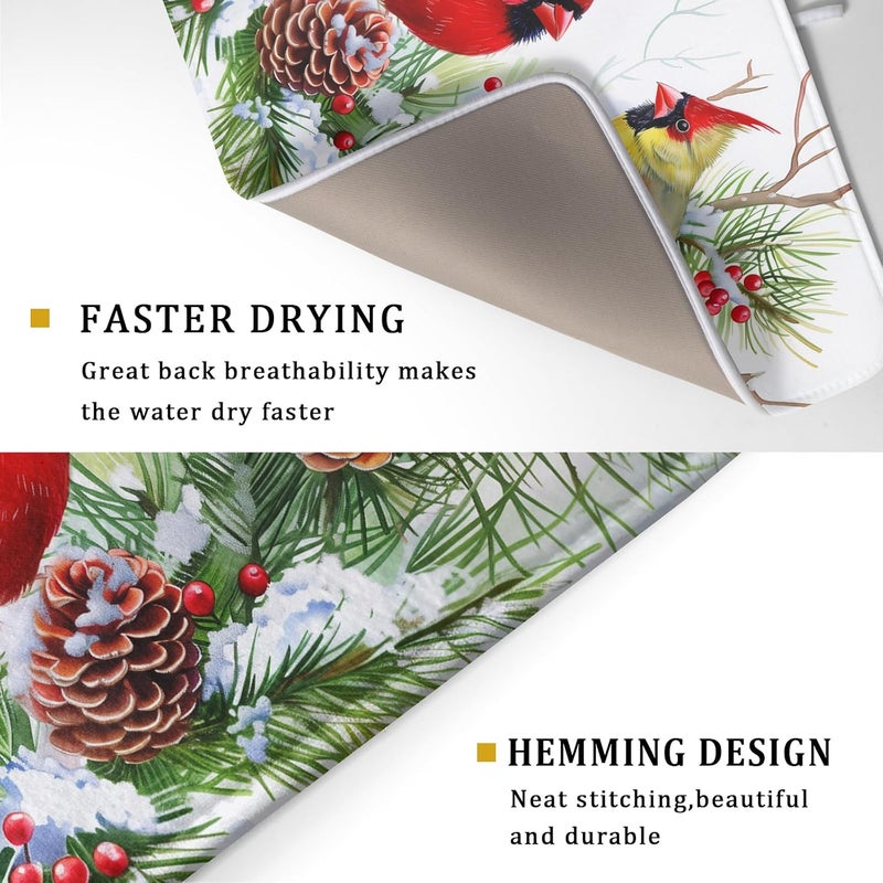 Giwawa Red Birds Dish Drying Mat, Xmas Tree Branch Holly Red Berries Dish Drainer Mats, Winter Snow Pine Cones Reversible Dish Drying Rack Pad Protector for Kitchen Countertop Decor, 18"x24" - Image 3