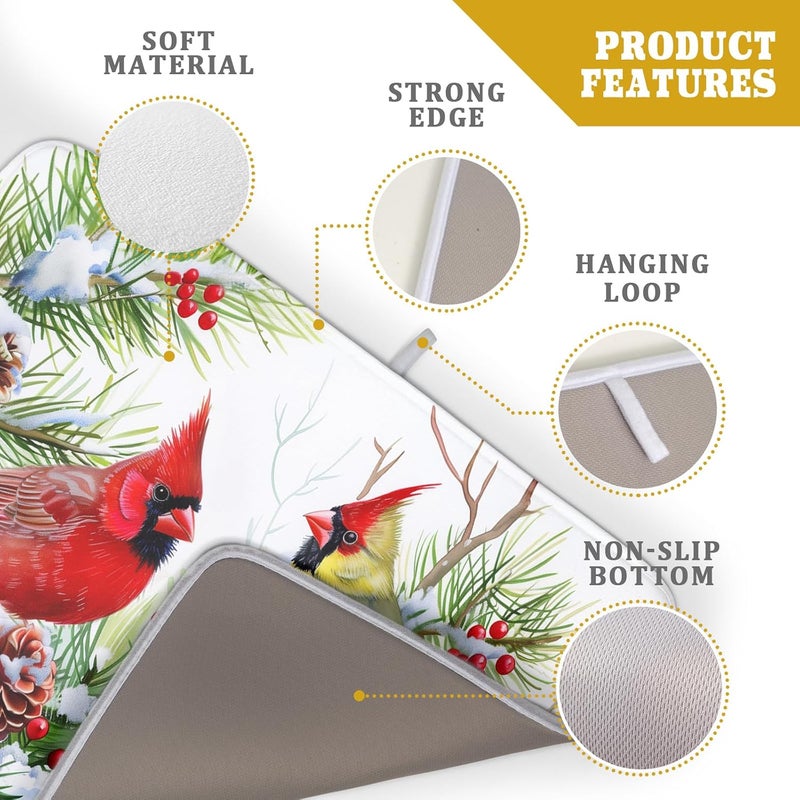 Giwawa Red Birds Dish Drying Mat, Xmas Tree Branch Holly Red Berries Dish Drainer Mats, Winter Snow Pine Cones Reversible Dish Drying Rack Pad Protector for Kitchen Countertop Decor, 18"x24" - Image 4