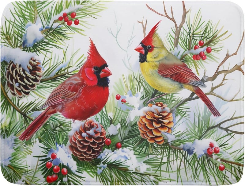 Giwawa Red Birds Dish Drying Mat, Xmas Tree Branch Holly Red Berries Dish Drainer Mats, Winter Snow Pine Cones Reversible Dish Drying Rack Pad Protector for Kitchen Countertop Decor, 18"x24" - Image 1