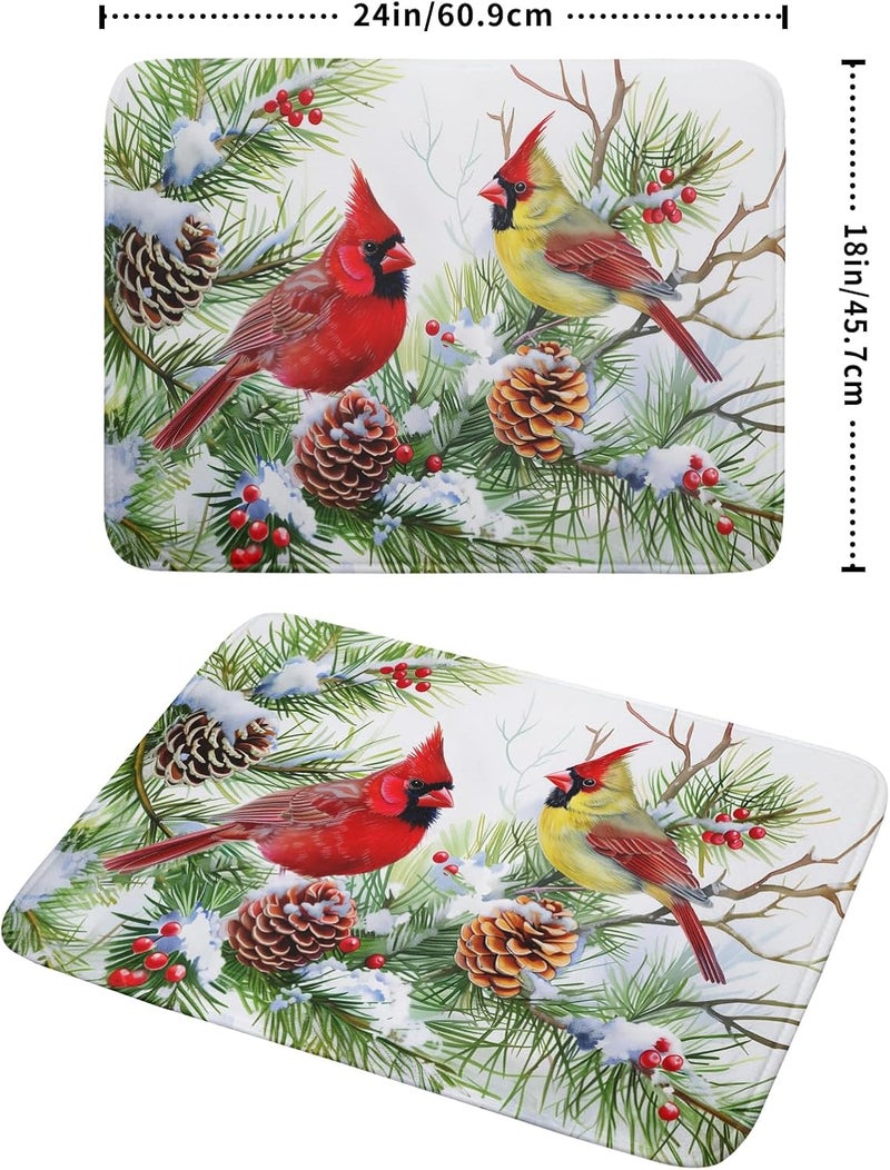 Giwawa Red Birds Dish Drying Mat, Xmas Tree Branch Holly Red Berries Dish Drainer Mats, Winter Snow Pine Cones Reversible Dish Drying Rack Pad Protector for Kitchen Countertop Decor, 18"x24" - Image 2