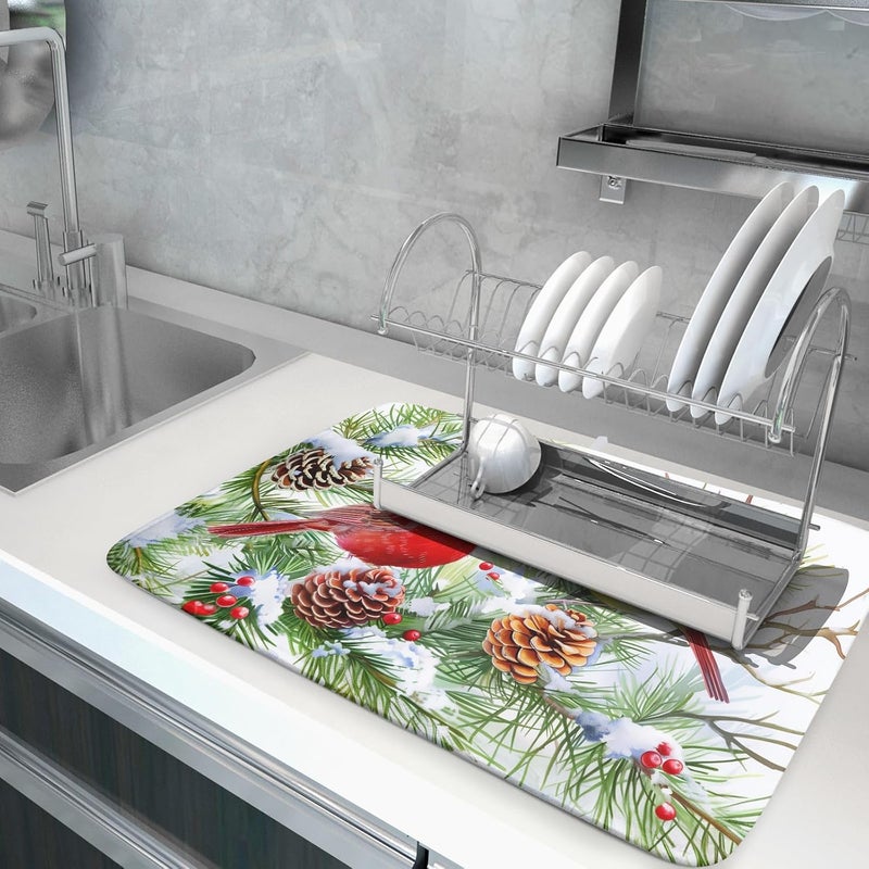 Giwawa Red Birds Dish Drying Mat, Xmas Tree Branch Holly Red Berries Dish Drainer Mats, Winter Snow Pine Cones Reversible Dish Drying Rack Pad Protector for Kitchen Countertop Decor, 18"x24" - Image 5
