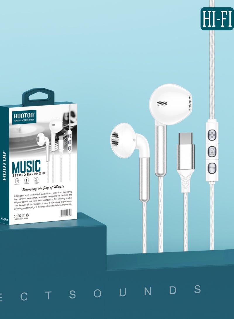 هوتو سماعه سلك تايب سي، سماعات عالية الوضوح وقوية وبميكرفون نقي وواضح، سماعة بطول 1.2متر، مزودة بأزرار لخفض ورفع الصوت والايقاف، سماعات متوافقة مع أجهزة ايفون وسامسونج وهواوي وشومي وغيرها من الأجهزة. أبيض - Image 3