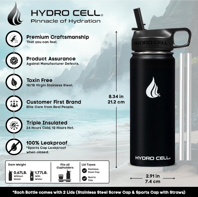HYDRO CELL Stainless Steel Insulated Water Bottle with Straw - For Cold & Hot Drinks - Metal Vacuum Flask with Screw Cap and Modern Leakproof Sport Thermos for Adults (Black 18oz) - Image 2