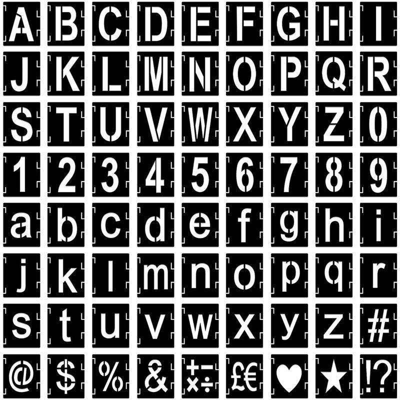 Dequera Letter Stencils Symbols Numbers Craft Stencils 4 Inch 72 Pcs Reusable Alphabet Stencils Interlocking Letters Template Kit for Painting on Wood Wall Rock Fabric Sign DIY Art Projects