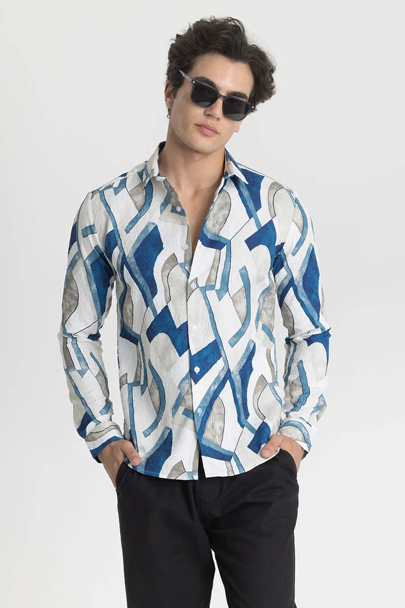 SNITCH Blue Abstract Long Sleeve Slim Fit Casual Shirt