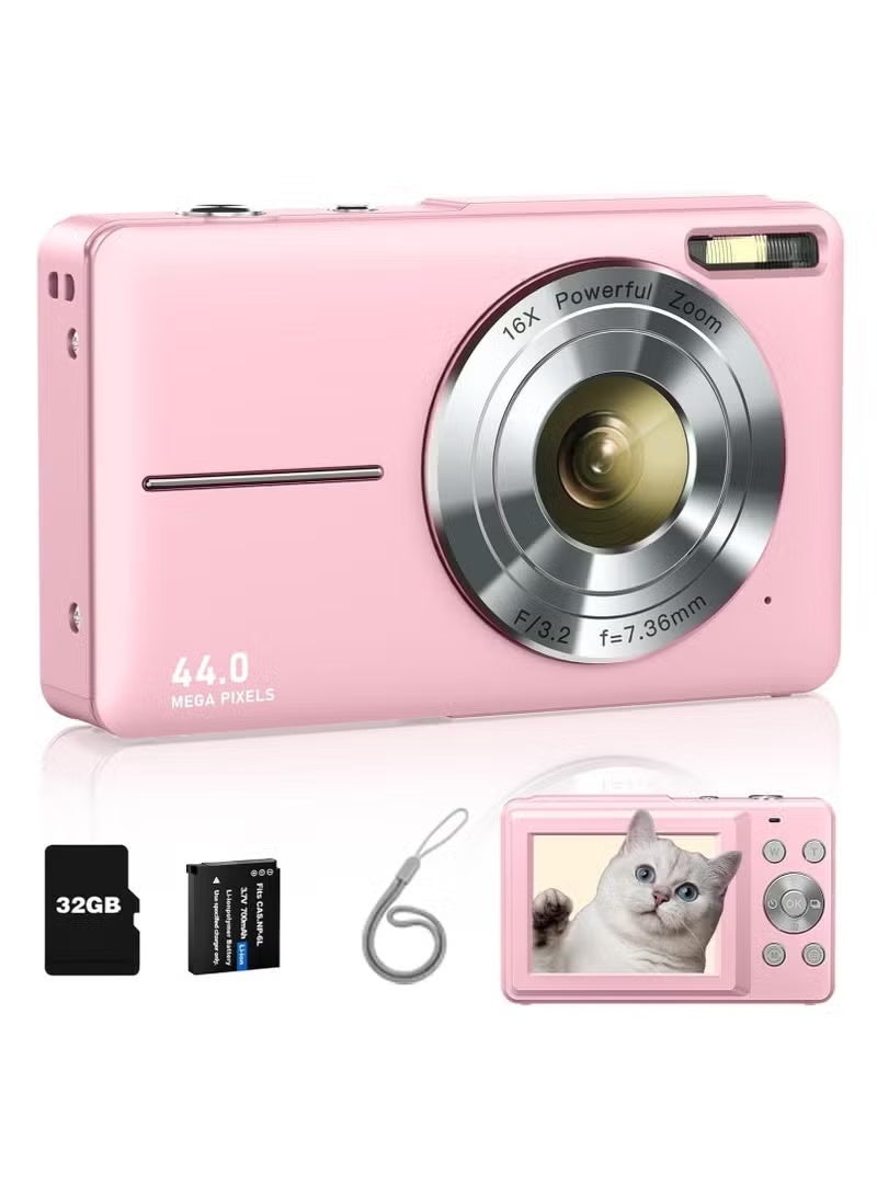 Digital Camera Video Camcorder, FHD 1080P Kids Camera, 44MP Point-and-shoot Digital Camera with 32GB Card, 16x Zoom Anti-shake, For Boys/Girls