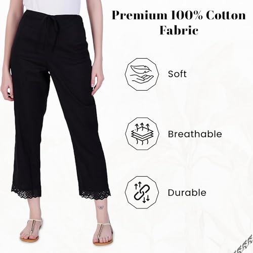 Happy Bunny Ethnic Hokaba Work 100% Cotton Pants for Women, Stylish Crafted Trousers with Adjustable Drawstring Comfort for Office, Party, Travel & Outdoor Wear (XL, Black) - Image 2