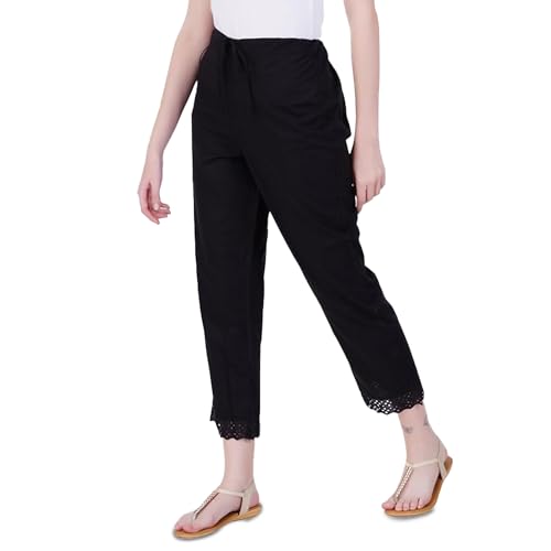 Happy Bunny Ethnic Hokaba Work 100% Cotton Pants for Women, Stylish Crafted Trousers with Adjustable Drawstring Comfort for Office, Party, Travel & Outdoor Wear (XL, Black) - Image 1