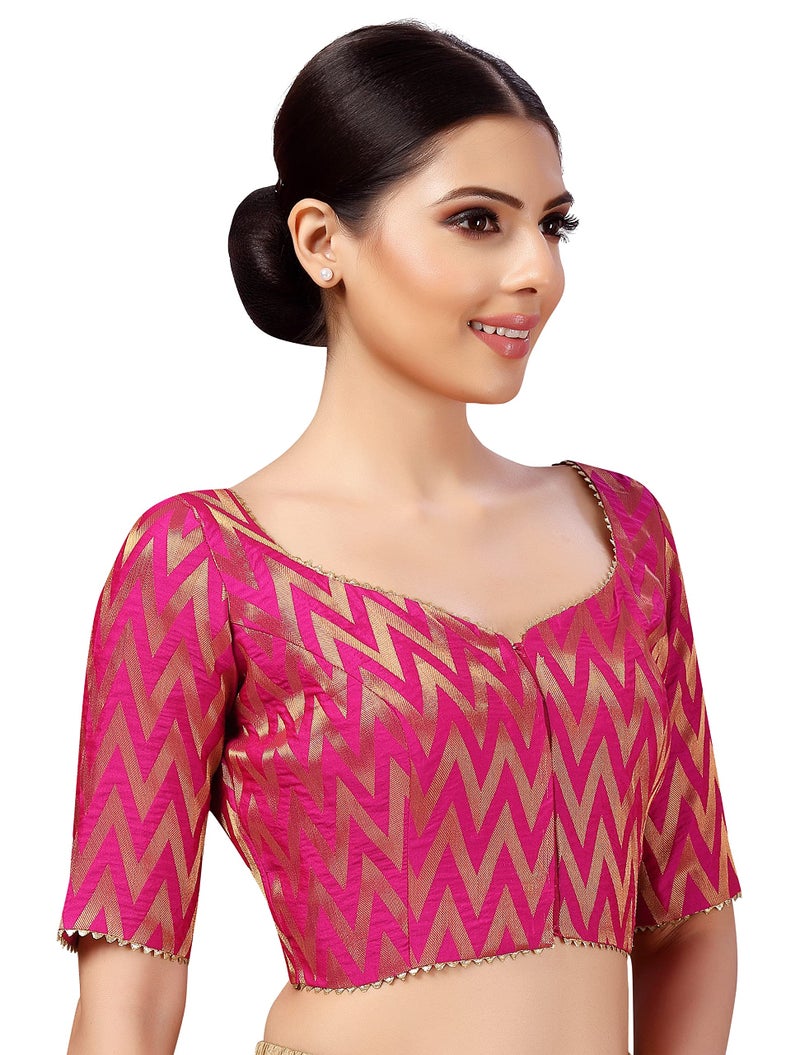 Studio Shringaar Women's Readymade Wave Design Banaras Brocade Saree Blouse with Elbow Length Sleeves (Pink,38) - Image 5