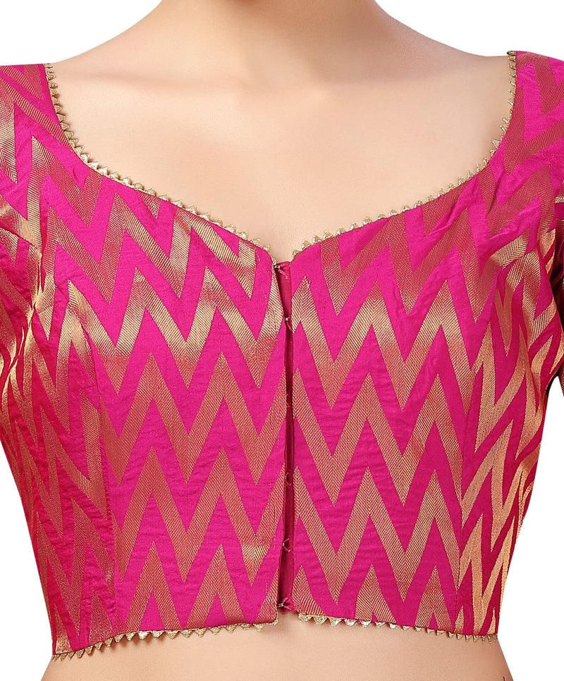 Studio Shringaar Women's Readymade Wave Design Banaras Brocade Saree Blouse with Elbow Length Sleeves (Pink,38) - Image 3
