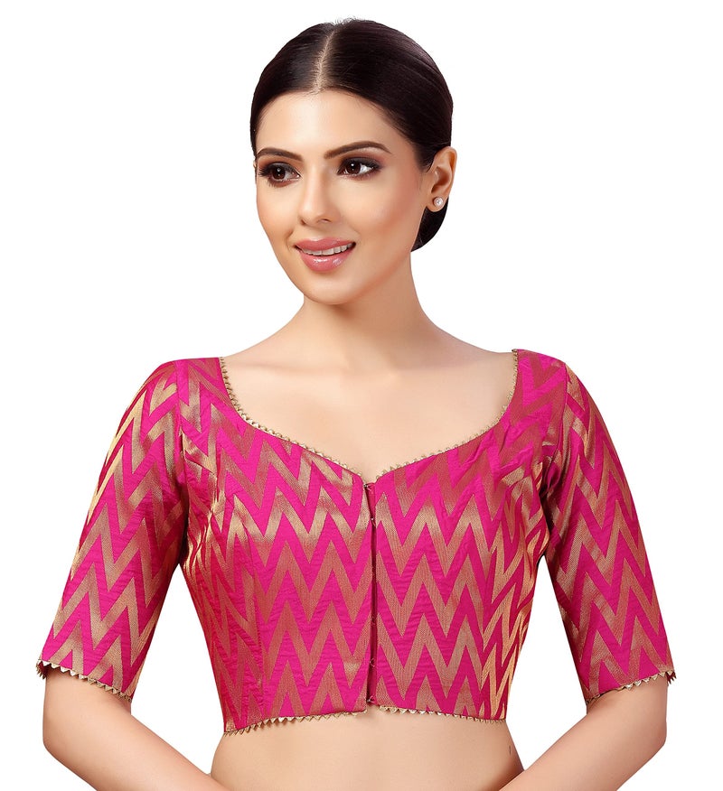 Studio Shringaar Women's Readymade Wave Design Banaras Brocade Saree Blouse with Elbow Length Sleeves (Pink,38) - Image 1
