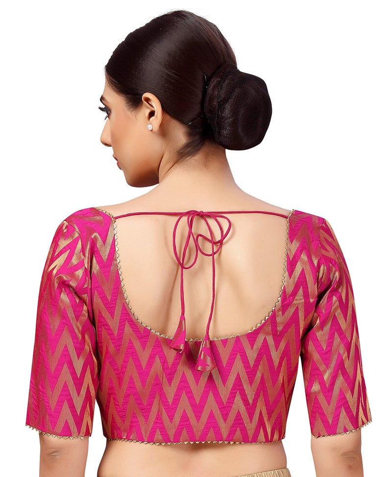Studio Shringaar Women's Readymade Wave Design Banaras Brocade Saree Blouse with Elbow Length Sleeves (Pink,38) - Image 2