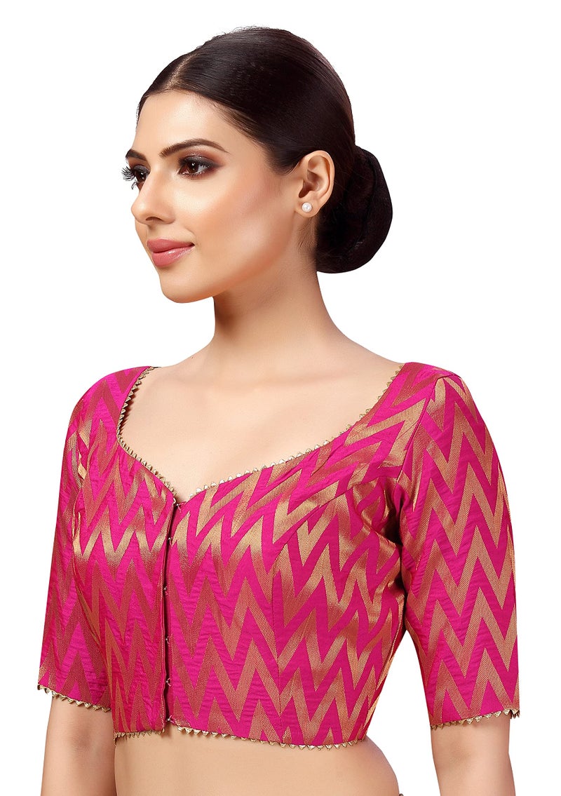 Studio Shringaar Women's Readymade Wave Design Banaras Brocade Saree Blouse with Elbow Length Sleeves (Pink,38) - Image 4