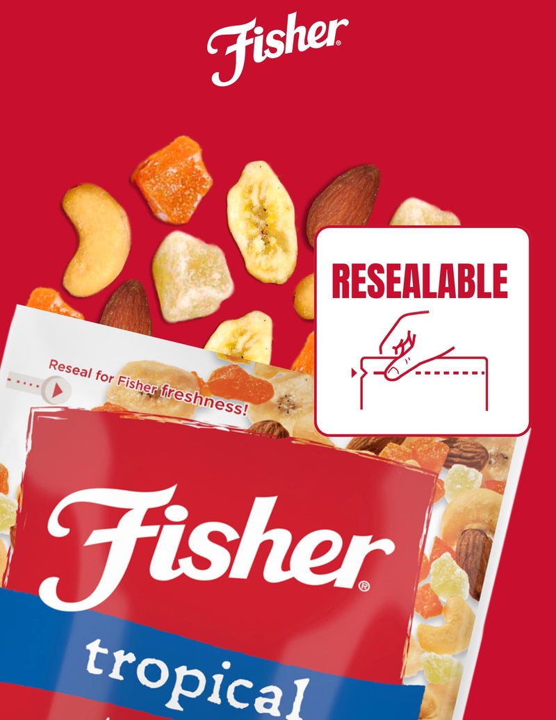 Fisher Snack Tropical Trail Mix, 3.5 Ounces (Pack of 6), Banana Chips, Almonds, Cashews, Dried Sweetened Pineapple and Mango, Resealable Pouches - Image 4