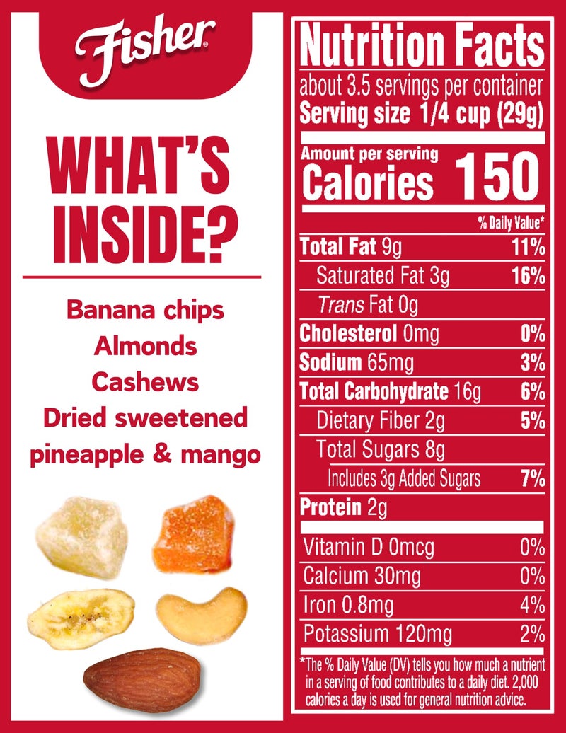 Fisher Snack Tropical Trail Mix, 3.5 Ounces (Pack of 6), Banana Chips, Almonds, Cashews, Dried Sweetened Pineapple and Mango, Resealable Pouches - Image 2