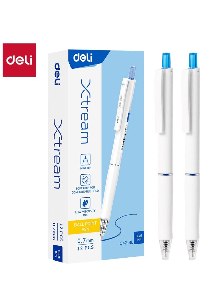 Deli Deli Q42-BL Xtream Ballpoint Pens, 0.7mm Fine Point, Blue Ink, Soft Grip, Smooth Writing, Low Viscosity Ink, 12 Pack. - Image 1