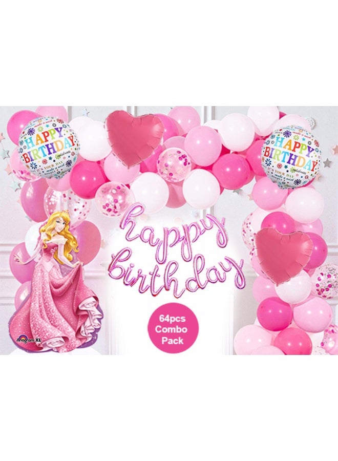 بروماس مجموعة زينة عيد ميلاد مستوحاة من الأميرة أورورا النائمة - مجموعة قوس بالونات وردية مع بالونات فويل مكتوب عليها "عيد ميلاد سعيد"