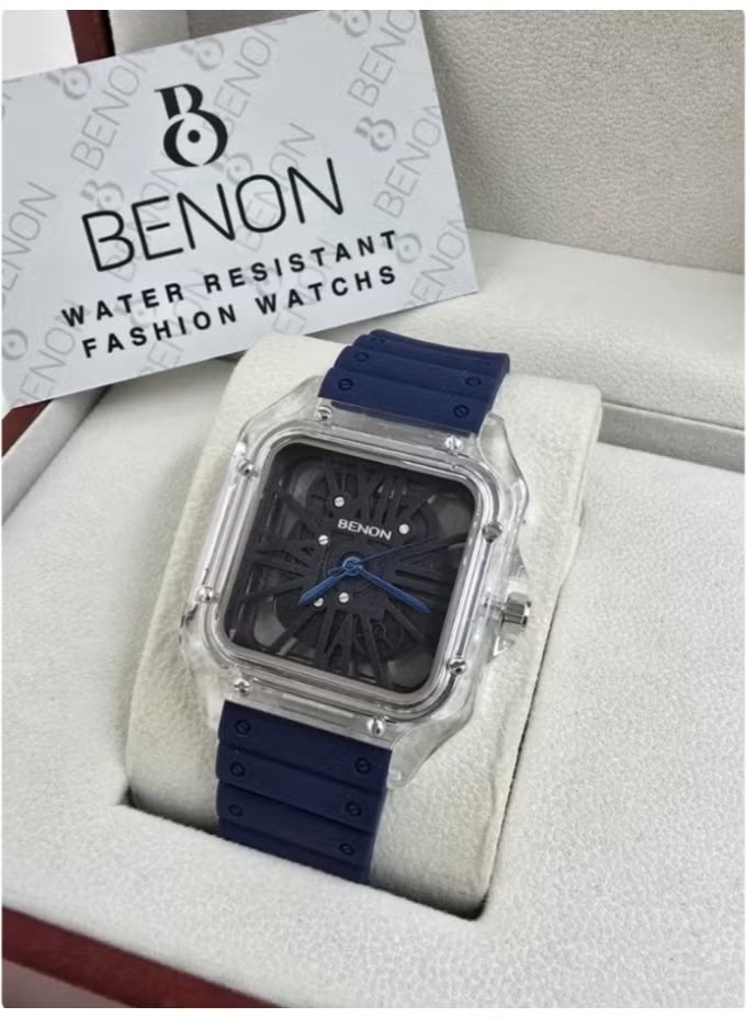 BENON Men's rubber watch, Cartier style, water-resistant and high quality, comes with a gift box and brand bag, blue strap with a black dial - Image 1