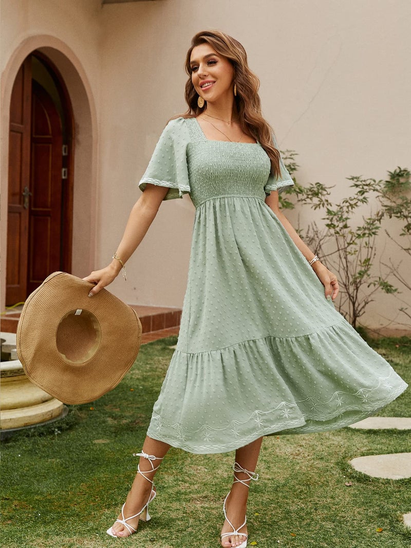 Glamaker Women's Summer Casual Short Sleeve Smocked Square Neck A Line Flowy Midi Dress Midi Dress - Image 2
