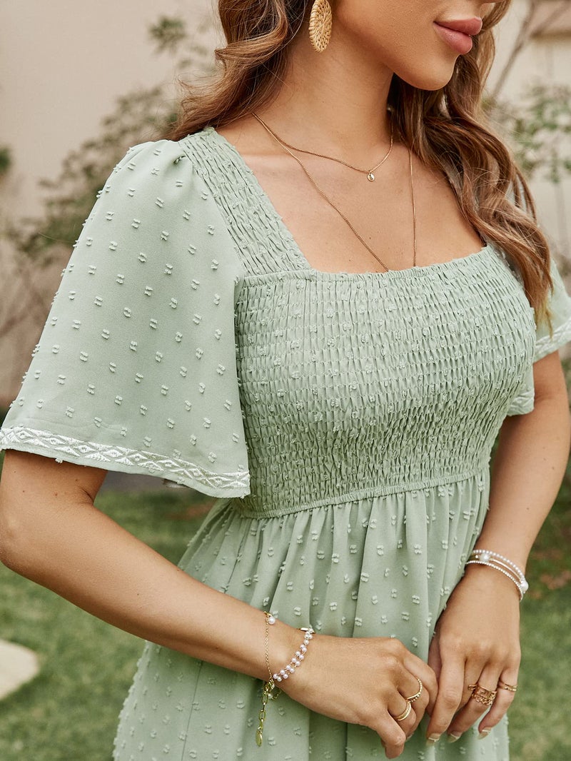 Glamaker Women's Summer Casual Short Sleeve Smocked Square Neck A Line Flowy Midi Dress Midi Dress - Image 5