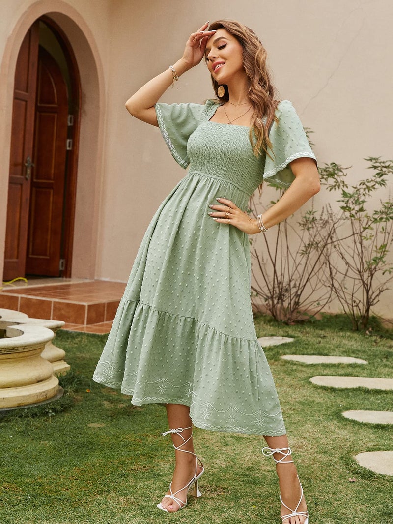 Glamaker Women's Summer Casual Short Sleeve Smocked Square Neck A Line Flowy Midi Dress Midi Dress - Image 4