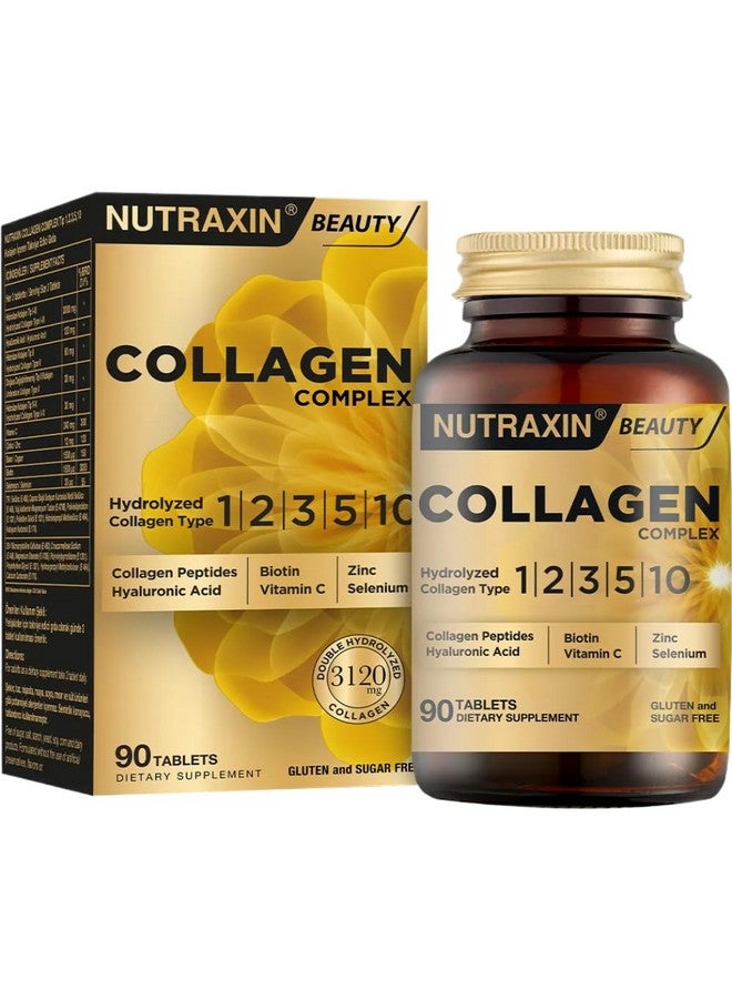 Nutraxin Collagen Complex - Marine Collagen Types I, II, III, V & X with Hyaluronic Acid, Biotin, Vitamin C, Zinc, Copper & Selenium - 90 Tablets - Hair, Skin & Nail Support - Dietary Supplement - Image 1