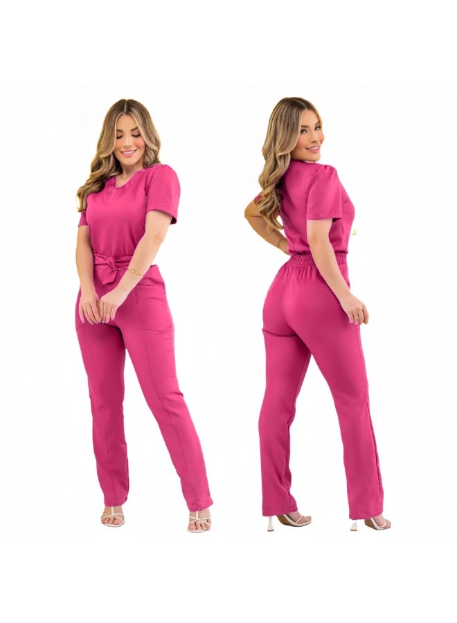 Loquat Womens Medical Scrubs Set Medical Uniform Set Rose Red - Image 1
