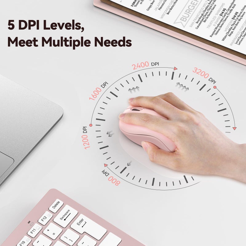 TECKNET Wireless Mouse for Laptop, 2.4G Silent Computer Mouse Quiet Click with 5 DPI Levels,Contoured Grip,Small Portable 30 Months Battery Cordless Mice for PC, Chromebook, Mac - Pink - Image 4